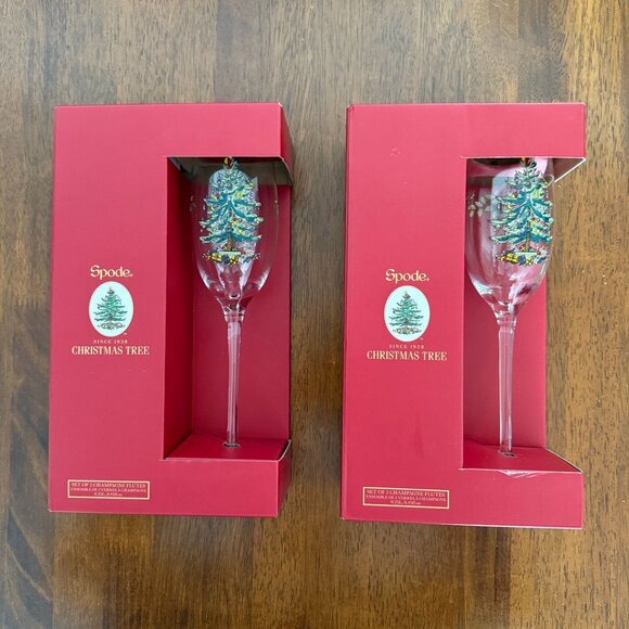 NIB Spode Christmas Tree Champagne Flutes Glasses 8.45 oz Set of 4 Holiday Gift - Picture 4 of 11